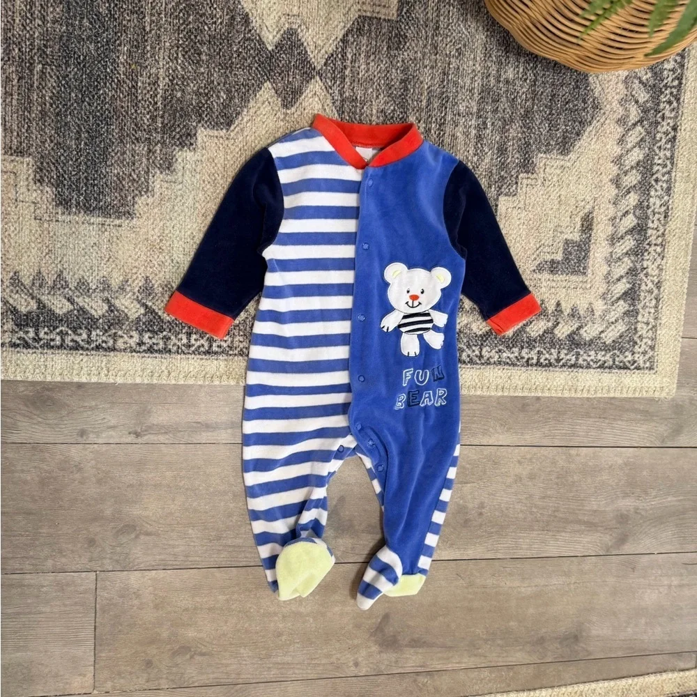 Vintage Baby Boy Color Block Striped Bear Terry Cloth Footies Size 6-9 Months